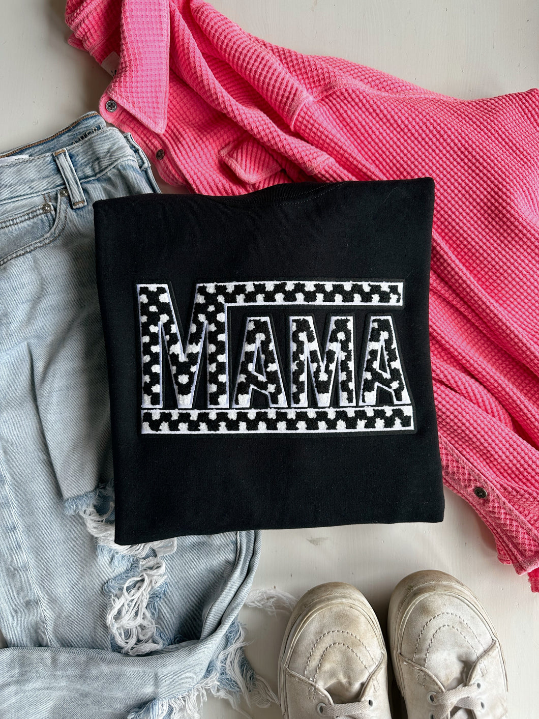 Chenille Checkered Mama Patch Crewneck