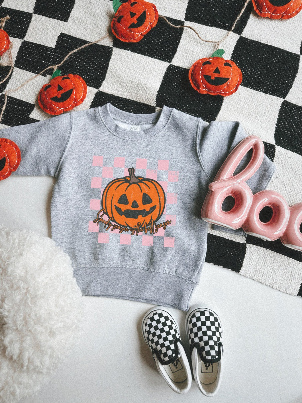 Kids Pink Checkered Pumpkin Crew